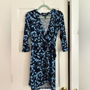 Blue Leaf Print Wrap Dress